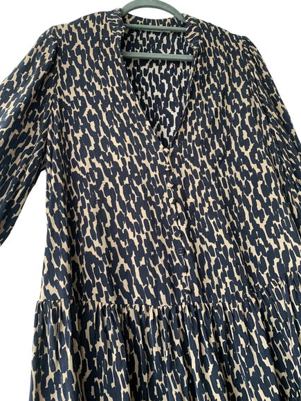 Zara ladies brown black animal print 3/4 sleeve button up smock floaty dress - Picture 5 of 7